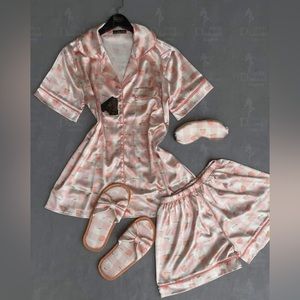 Pajama 4 piece set blouse shorts slippers graphic womens pajama for girls